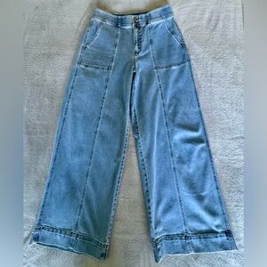 Farmers Market Wide Leg Patch-Seam Stretch Jeans in Light Blue